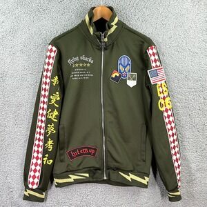 Reason Flying Sharks Size S Allover Patches Olive Green Full Zipper Jacket